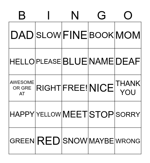 ASL BINGO GAME #3 Bingo Card