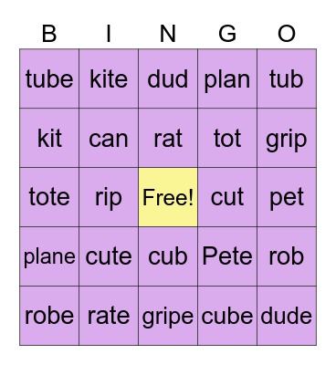 CVC and CVCe Bingo Card