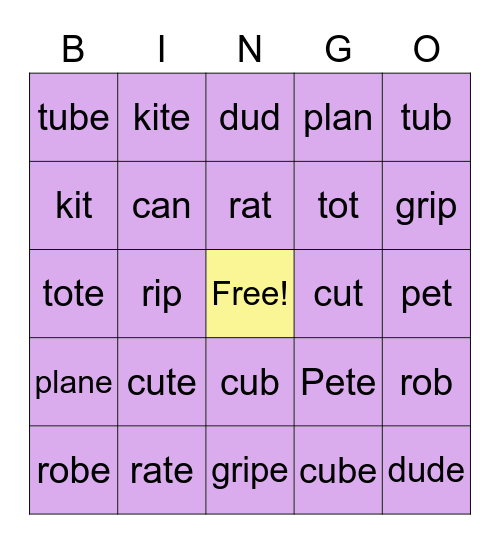 CVC and CVCe Bingo Card