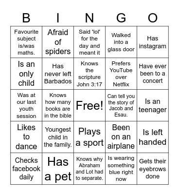 Youth Night Bingo Card