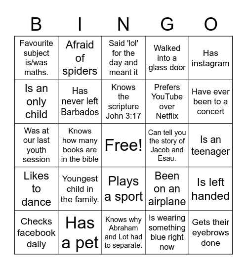 Youth Night Bingo Card