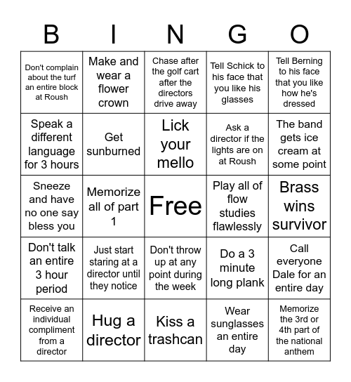 2021 Band Camp Bingo Card