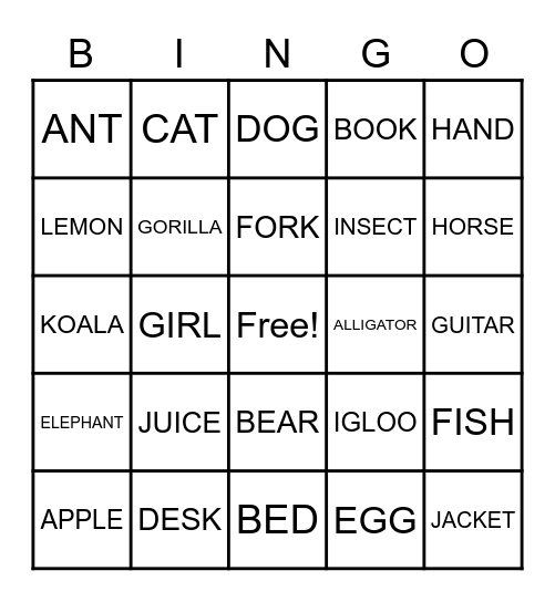 Alphabet Bingo (A - L) Bingo Card