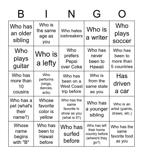 Find Someone Who/Whose Bingo Card