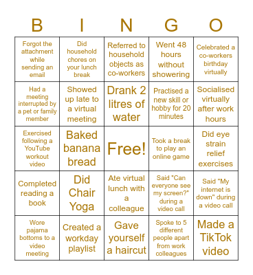 Remote Work Bingo Card