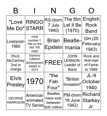 BEATLES Bingo Card