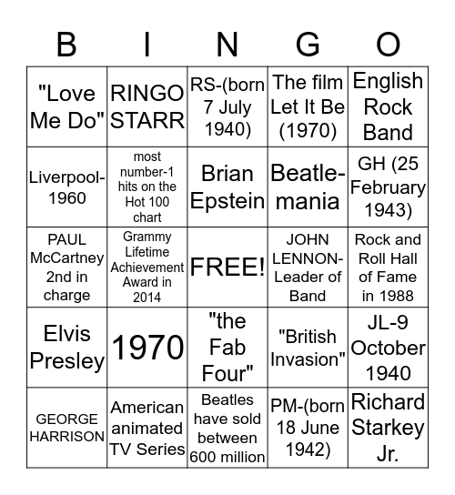 BEATLES Bingo Card