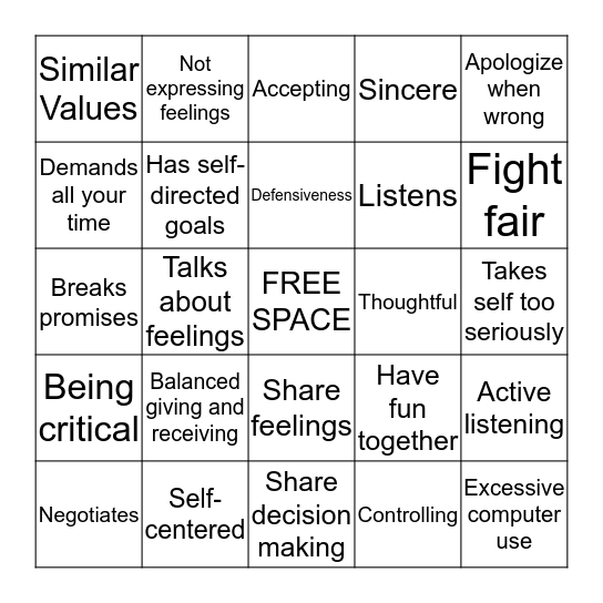 Healthy Relationships Bingo Card
