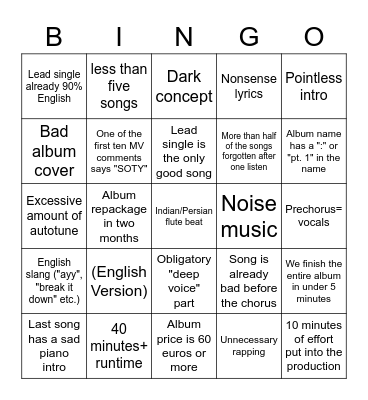 Kpop album bingo Card