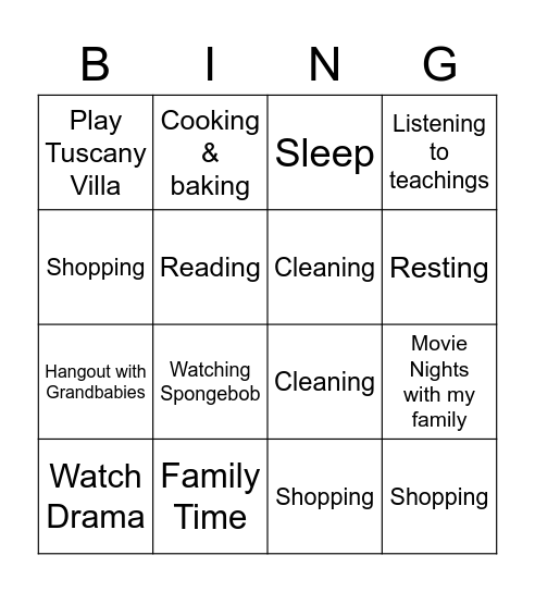Favourite Thing to Do! Bingo Card