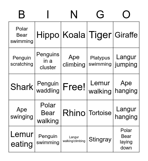 Trip to the Zoo Bingo Card