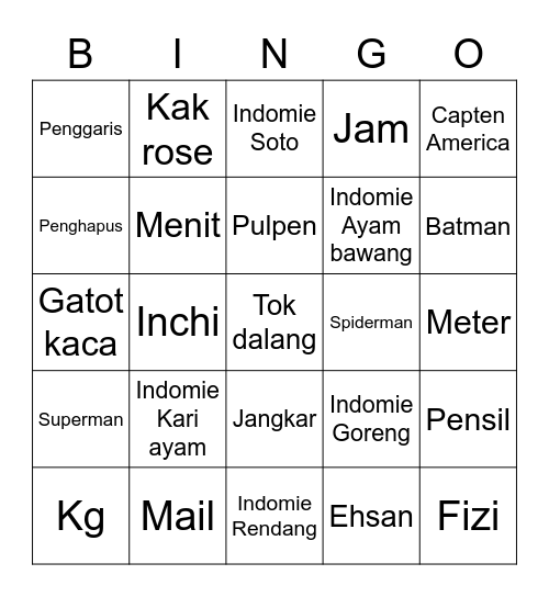 Nicho Bingo Card