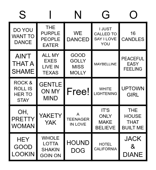 SINGO 3 Bingo Card