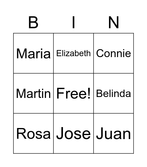 Names Bingo Card