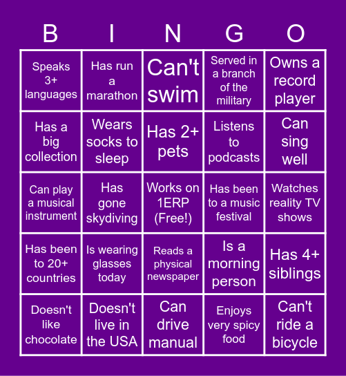 1ERP Bingo! Find someone who... Bingo Card