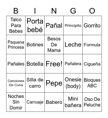 Baby Shower Bingo en espanol Bingo Card