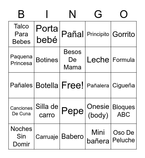 Baby Shower Bingo en espanol Bingo Card