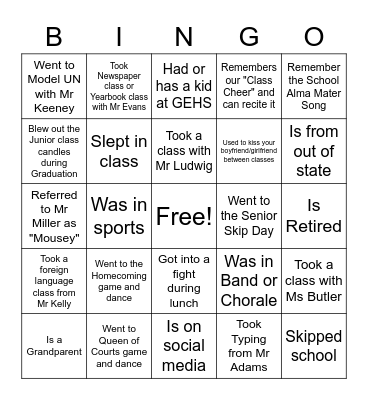 GEHS Class of 81 Reunion Bingo Card