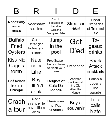 Lillie's Big Each Bach - Bucket List Bingo Card