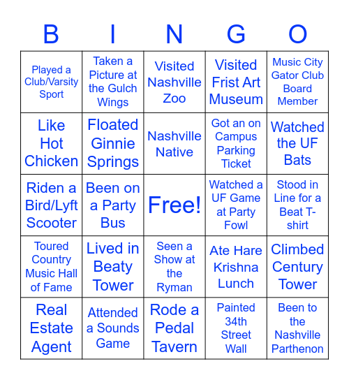 Music City Gator Club Bingo Card