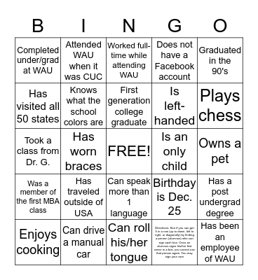 WAU SGPS Alumni  Bingo Card