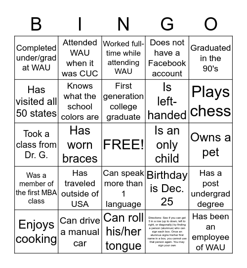 WAU SGPS Alumni  Bingo Card