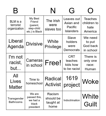 Critical Race Theory Bingo Card