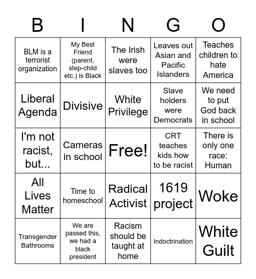 Critical Race Theory Bingo Card