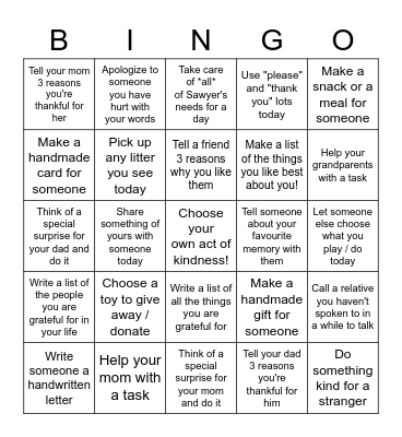 Kindness & Gratitude BINGO Card