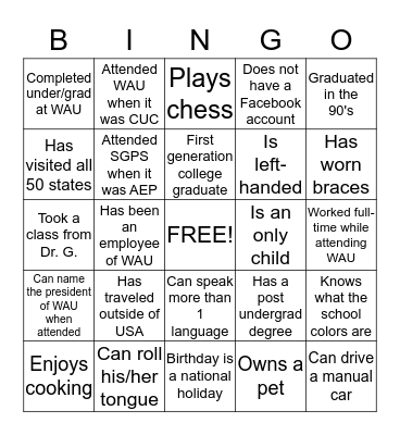 WAU SGPS Alumni  Bingo Card