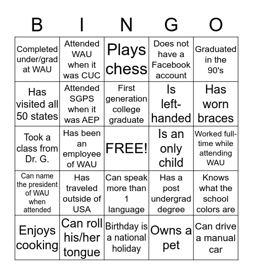 WAU SGPS Alumni  Bingo Card