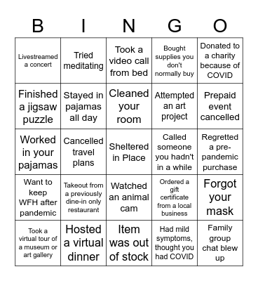 Pandemic Bingo Card