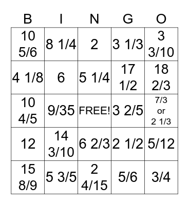 Fraction Bingo Card