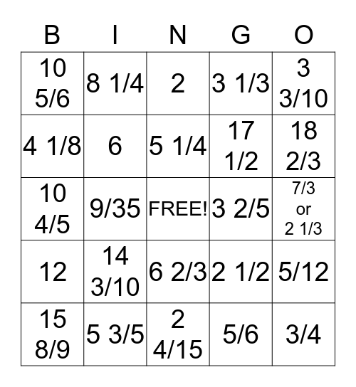 Fraction Bingo Card