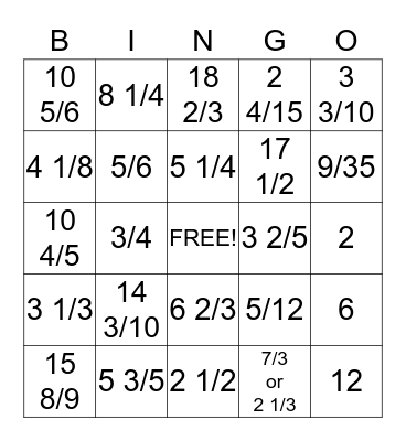 Fraction Bingo Card