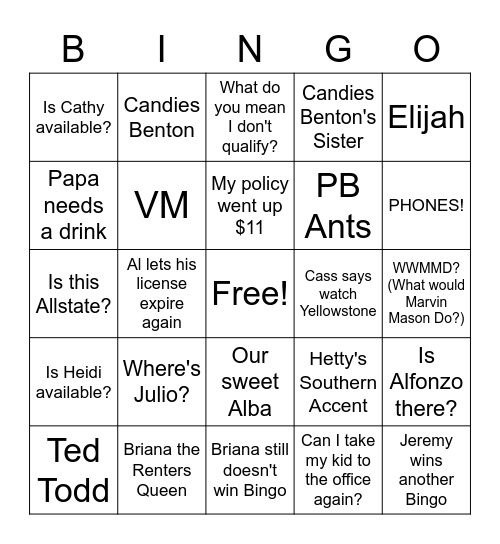Cathy Sink Agency Bingo Card