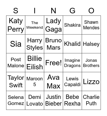 Pop Artist Bingo Card