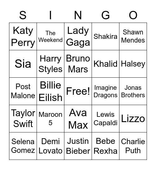 Pop Artist Bingo Card