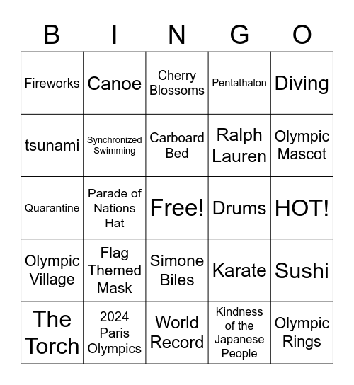 Tokyo Olympics O Bingo Card