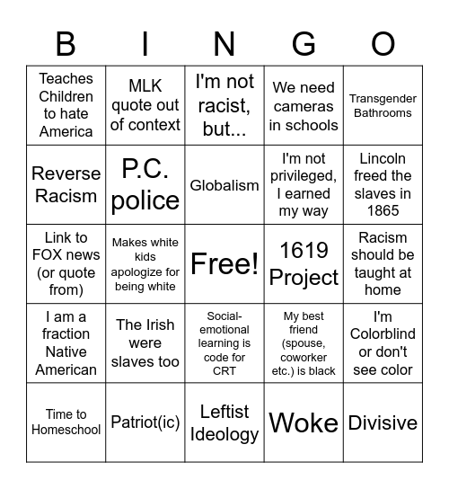 Critical Race Theory Opposition Bingo Card