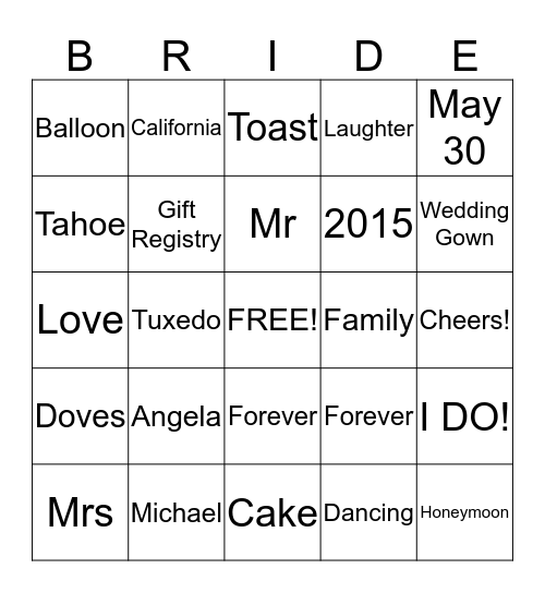 Bridal Bingo Card