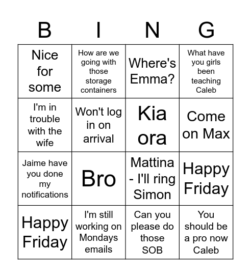 Bevan Bingo Card