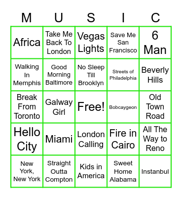 Places in Music Bingo Card