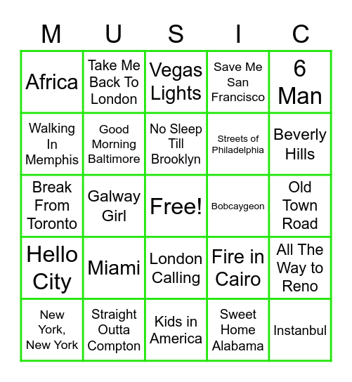 Places in Music Bingo Card