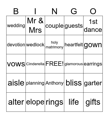 Wedding Shower BINGO! Bingo Card
