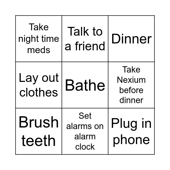 Evening Routine Bingo Card
