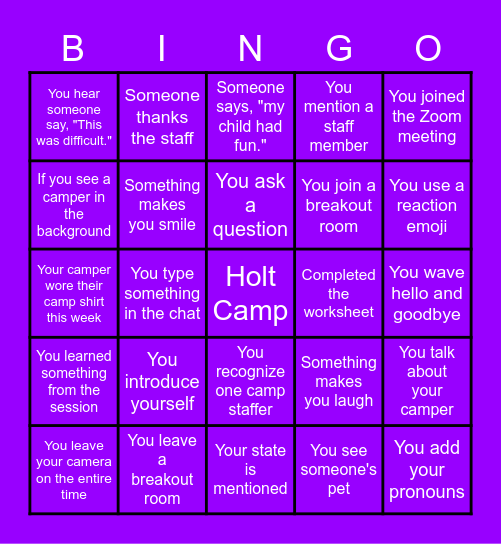Holt Camp at Home Bingo Card