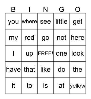 Kindergarten Sight Words Bingo Card