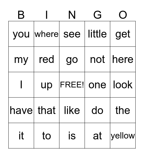 Kindergarten Sight Words Bingo Card