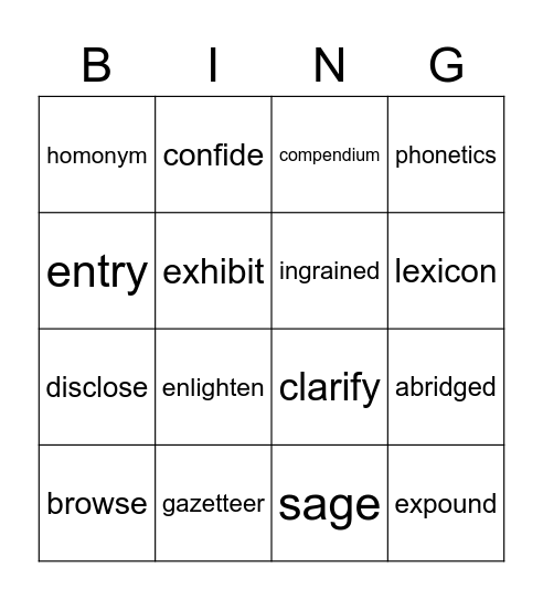 Vocabulary Lessons 1&2    TERMS Bingo Card